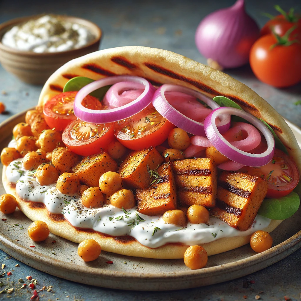 Növényi alapú pita gyros pirított csicseriborsóval és füstölt tofuval
