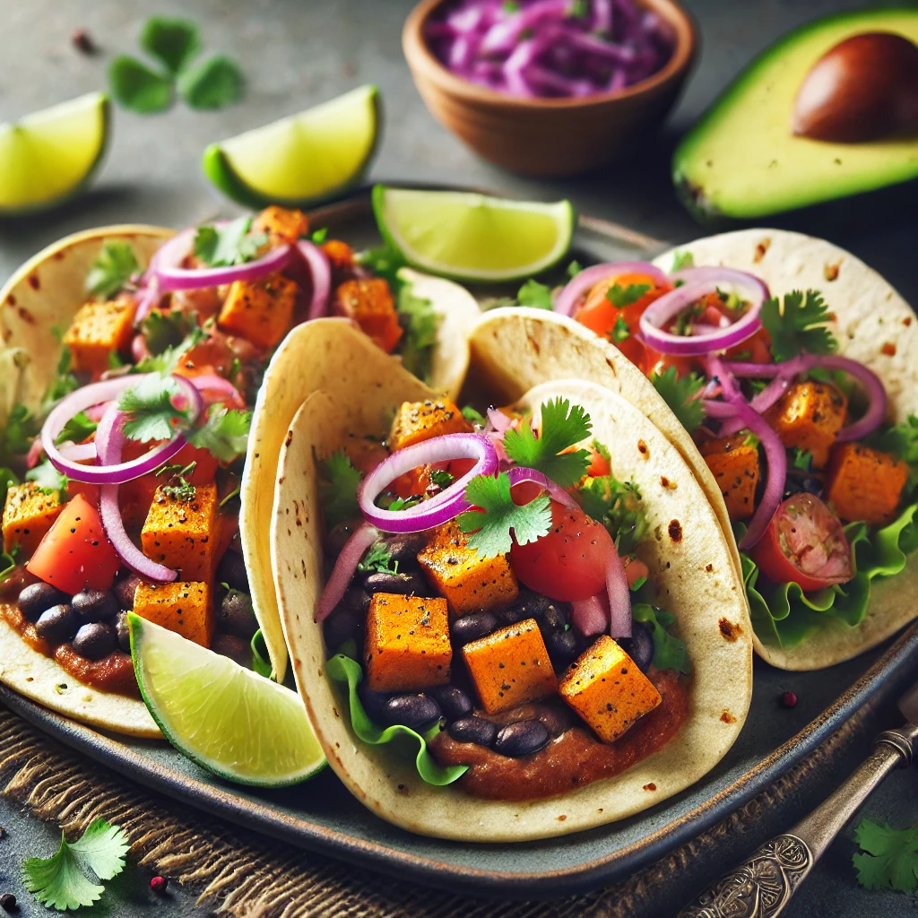 Egészséges mexikói Vegán Taco sült édesburgonyával és friss zöldségekkel