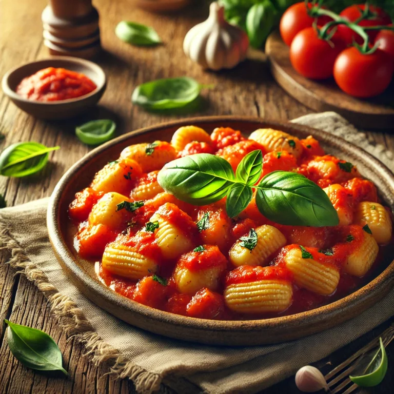 Vegán gnocchi paradicsomszósszal tálalva
