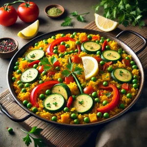 Autentikus spanyol vegán paella friss zöldségekkel