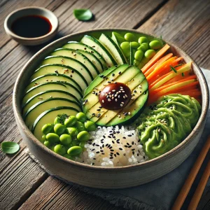 Egészséges rizsmentes sushi bowl friss zöldségekkel