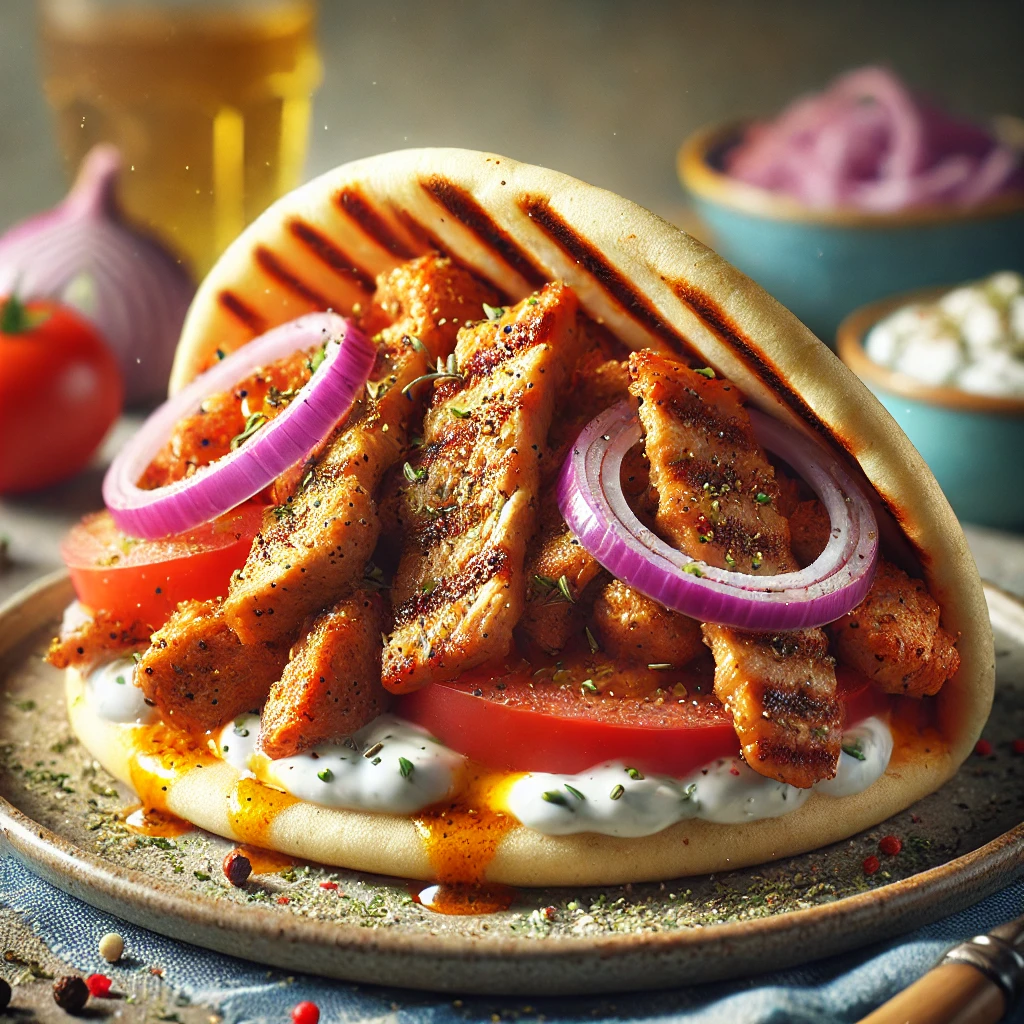 Házi készítésű pita gyros sült csirkével és marhával, tzatzikivel