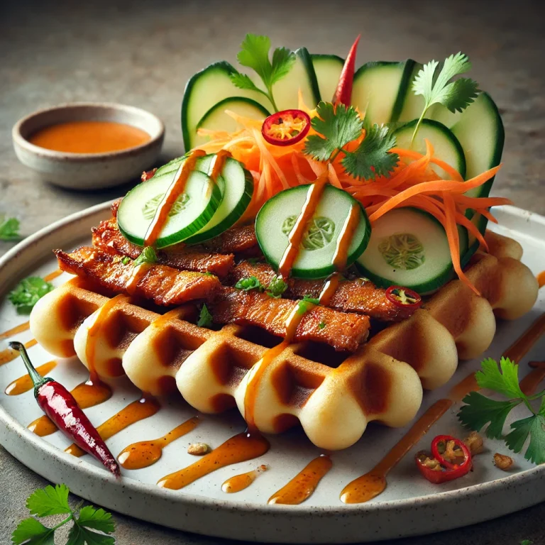 Banh Mi gofri tálalva friss zöldségekkel és sült sertéshússal