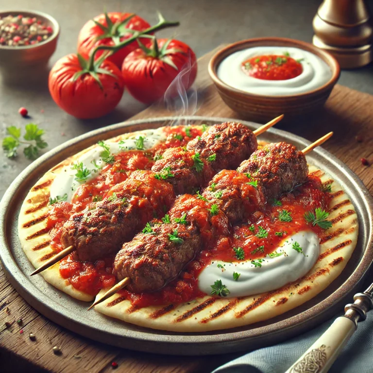 Yoğurtlu Kebab grillezett húsnyársakkal, paradicsomszósszal és joghurttal