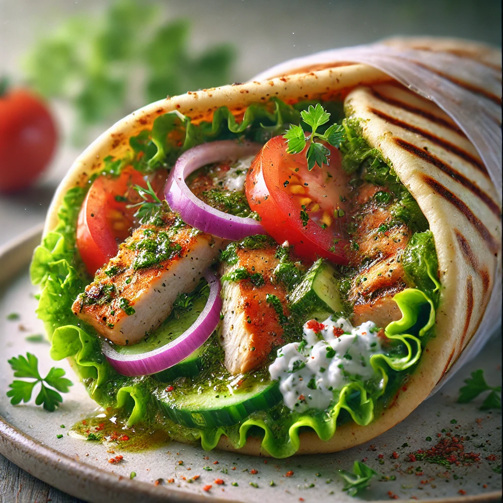Autentikus görög zöldfűszeres gyros fűszeres csirkével, feta sajttal és zöldfűszeres tzatziki szósszal