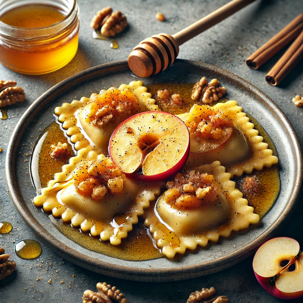 Krémes, fahéjas-almás ravioli mézes-diós öntettel