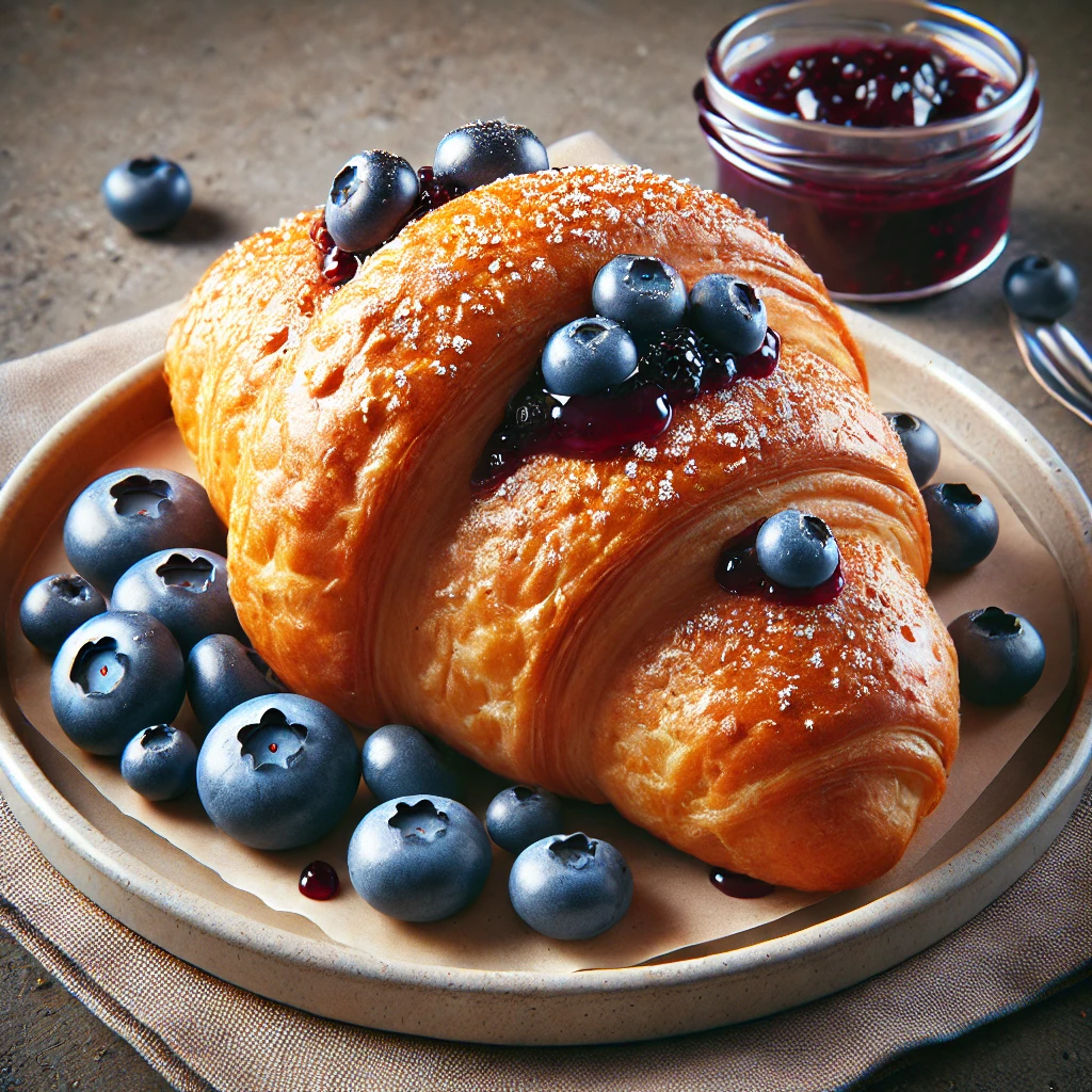 Áfonyalekvárral és friss áfonyával töltött, aranybarna croissant