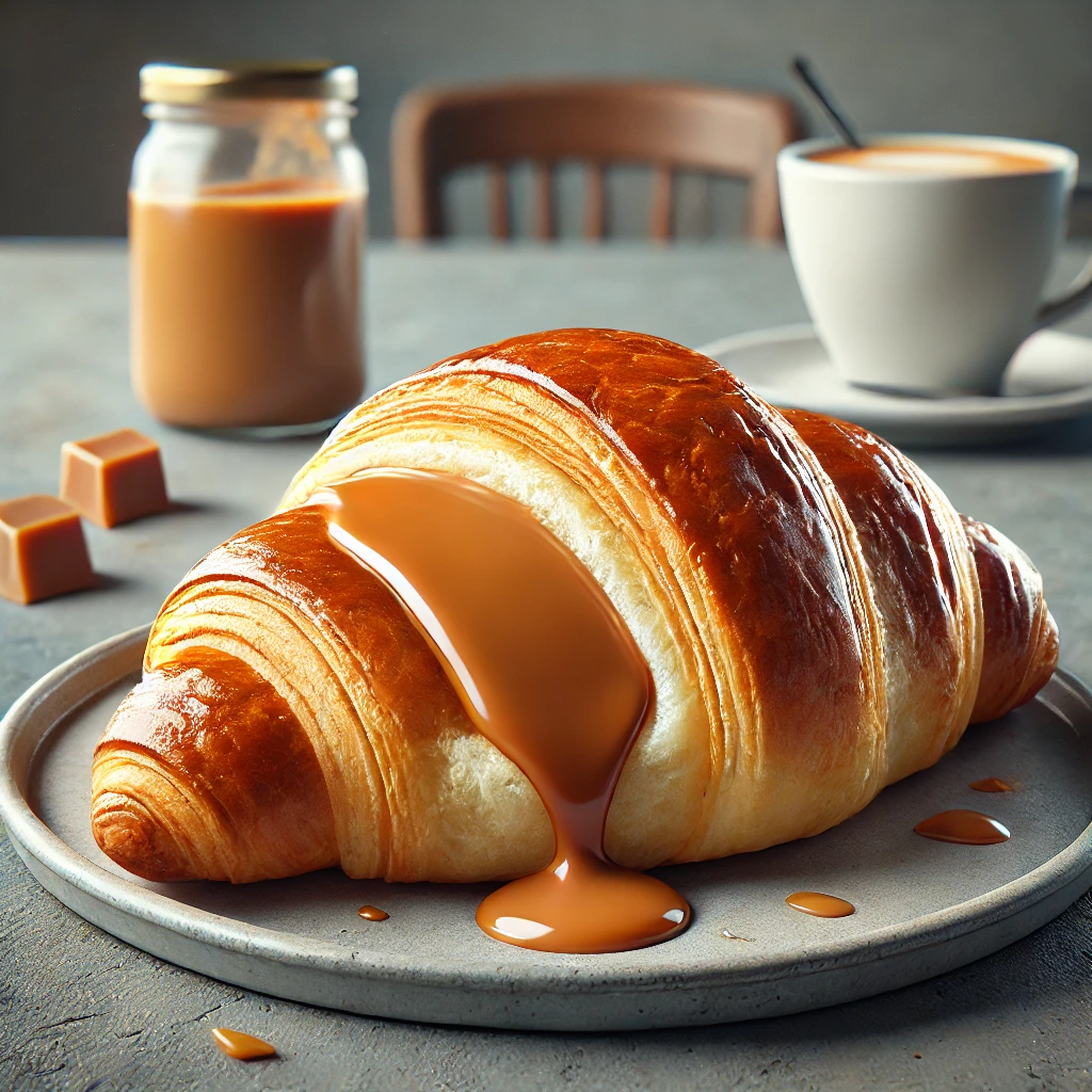 Gazdag dulce de leche-vel töltött, aranybarna croissant