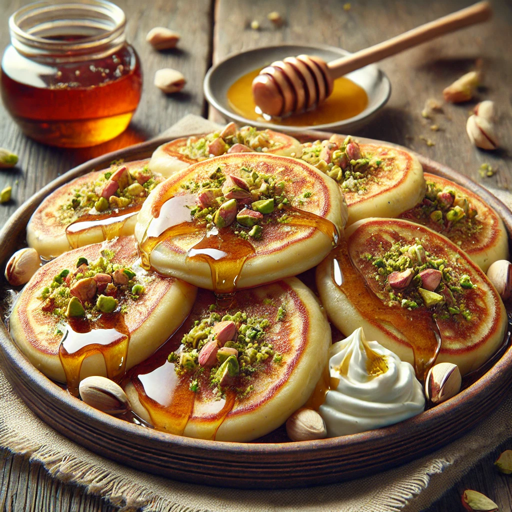 Hagyományos arab Atayef pisztáciával és mézzel