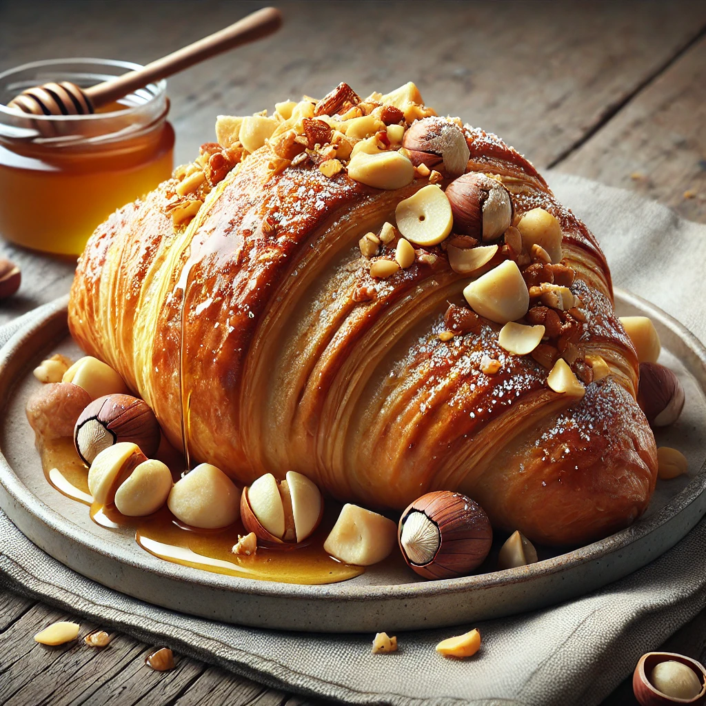 Macadamia dióval és mézzel töltött, aranybarna croissant
