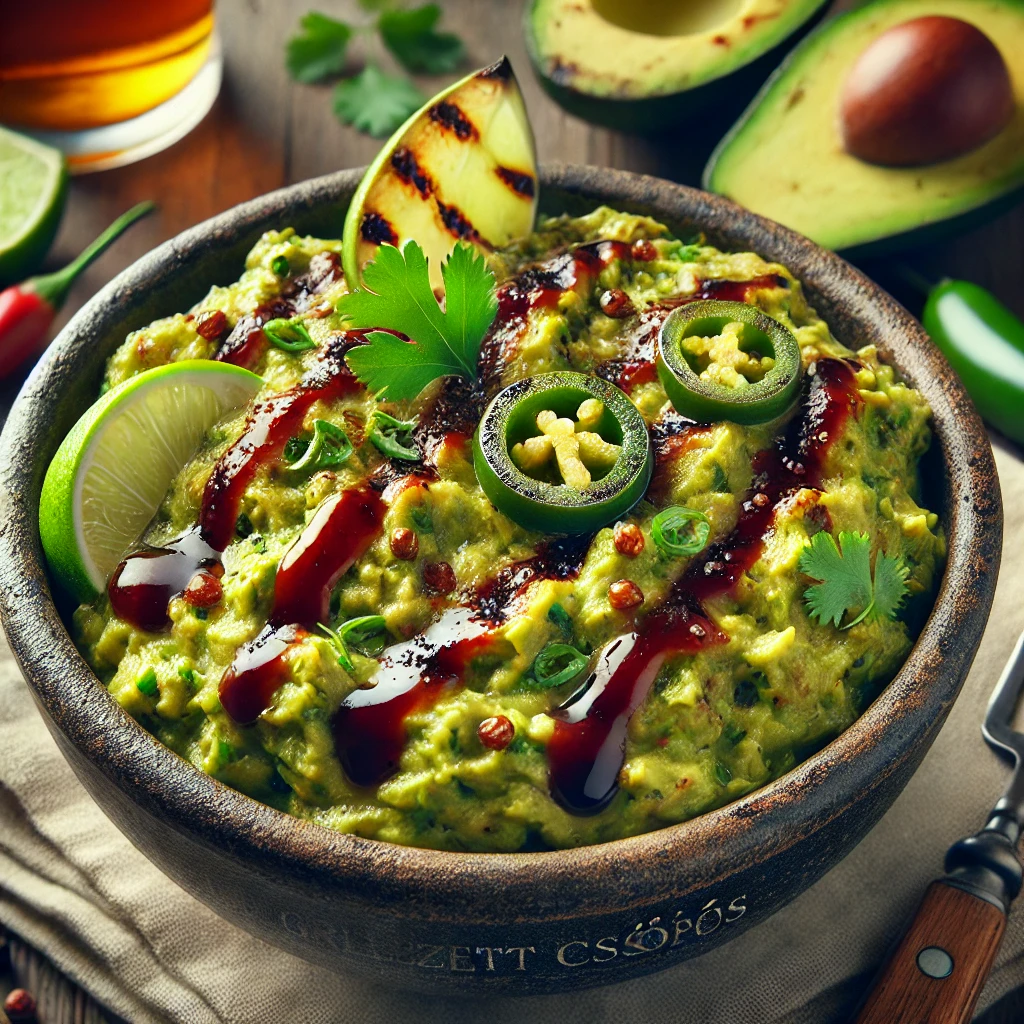 Füstös, grillezett avokádóból készült csípős guacamole BBQ szósszal