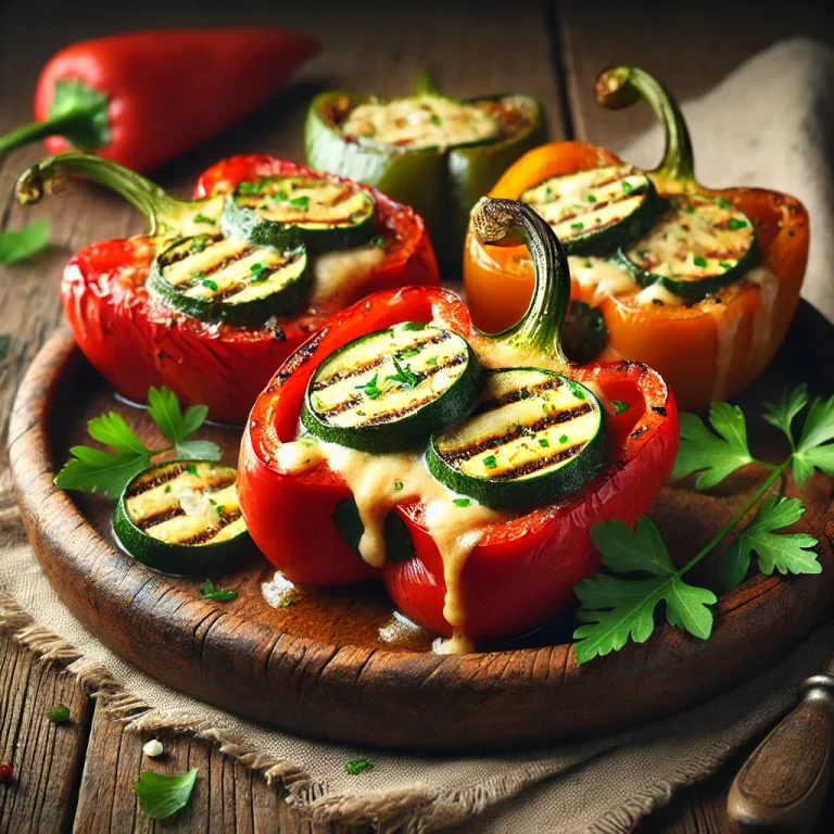 BBQ grillezett cukkinisajttal töltött paprika tálalva