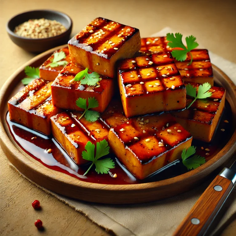 BBQ grillezett édes chili szószos tofu tálalva