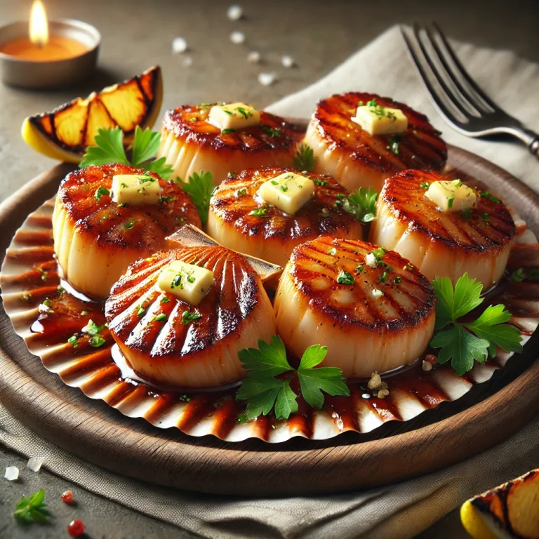BBQ grillezett fésűkagyló tálalva