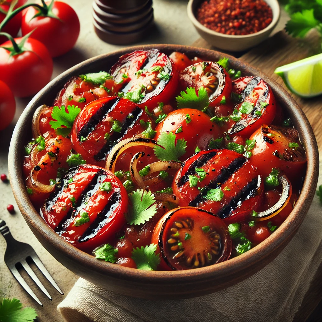 Füstös, grillezett paradicsomos salsa BBQ szósszal és korianderrel