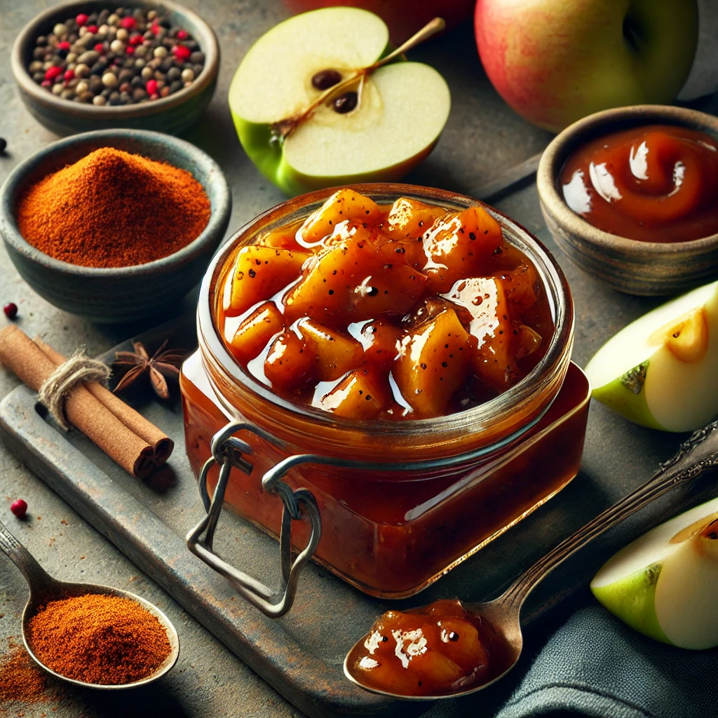 FÃ¼stÃ¶s, grillezett alma chutney BBQ szÃ³sszal Ã©s karamellizÃ¡lt Ã­zekkel