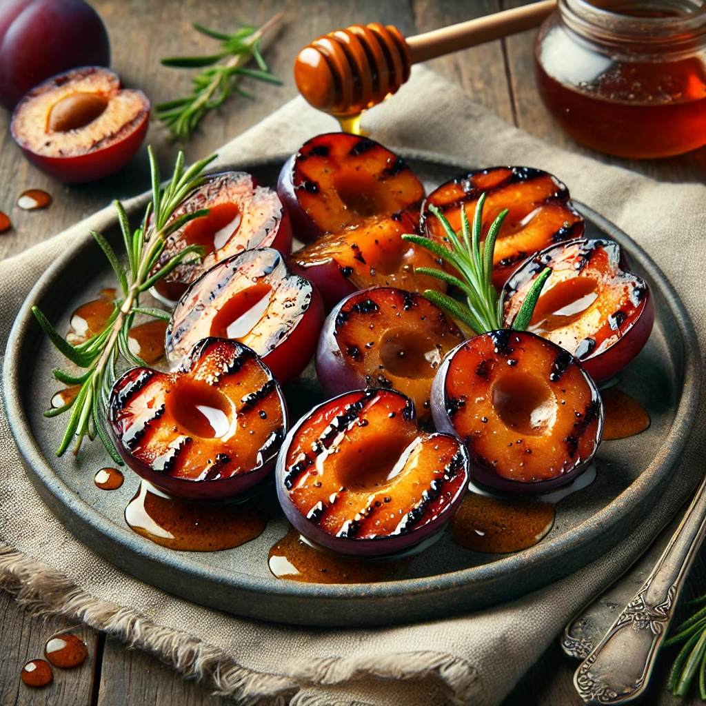Füstös, grillezett karamellizált sült szilva BBQ szósszal és mézzel