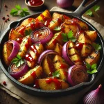 BBQ grillezett lilahagymás pirított krumpli tálalva