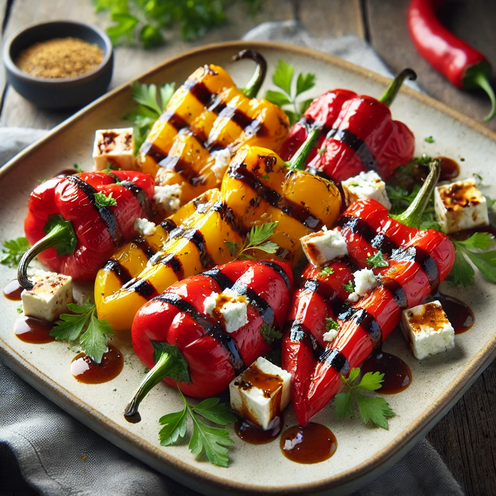 FÃ¼stÃ¶s, karamellizÃ¡lt grillezett paprika feta sajttal Ã©s BBQ szÃ³sszal