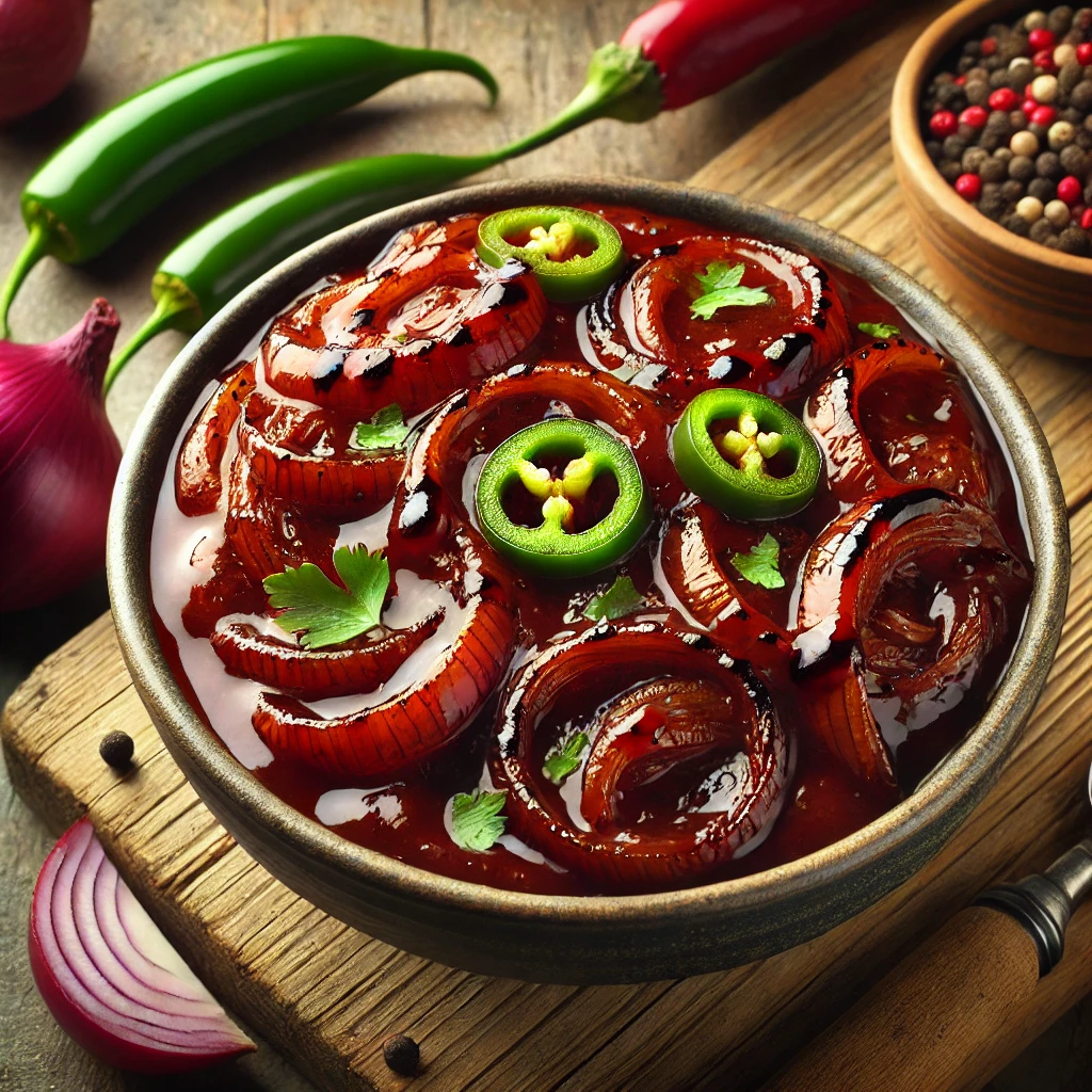 Füstös grillezett lilahagyma és jalapeno paprika BBQ szósszal és balzsamecettel