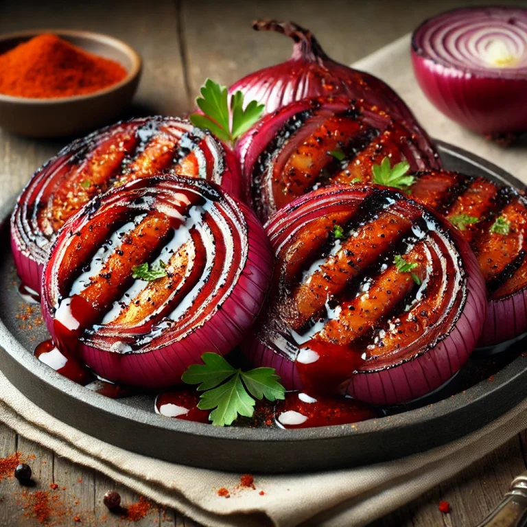 BBQ grillezett pirított paprikás lilahagyma tálalva