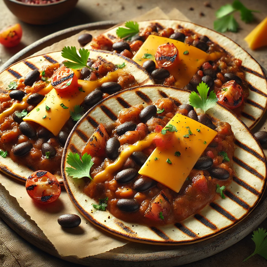 Füstös, grillezett tortilla fűszeres BBQ babbal és olvasztott sajttal