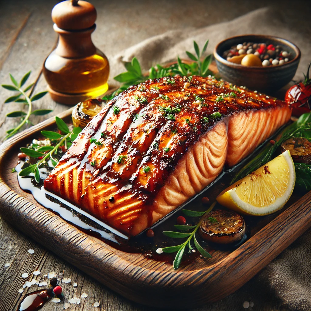 Szaftos, füstös lazac BBQ szósszal és friss fűszerekkel