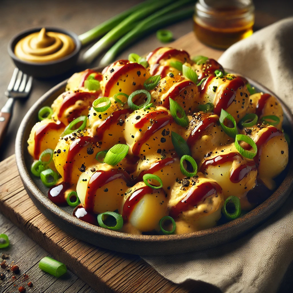 FÃ¼stÃ¶s, mustÃ¡ros krumplisalÃ¡ta BBQ szÃ³sszal Ã©s dijoni mustÃ¡rral