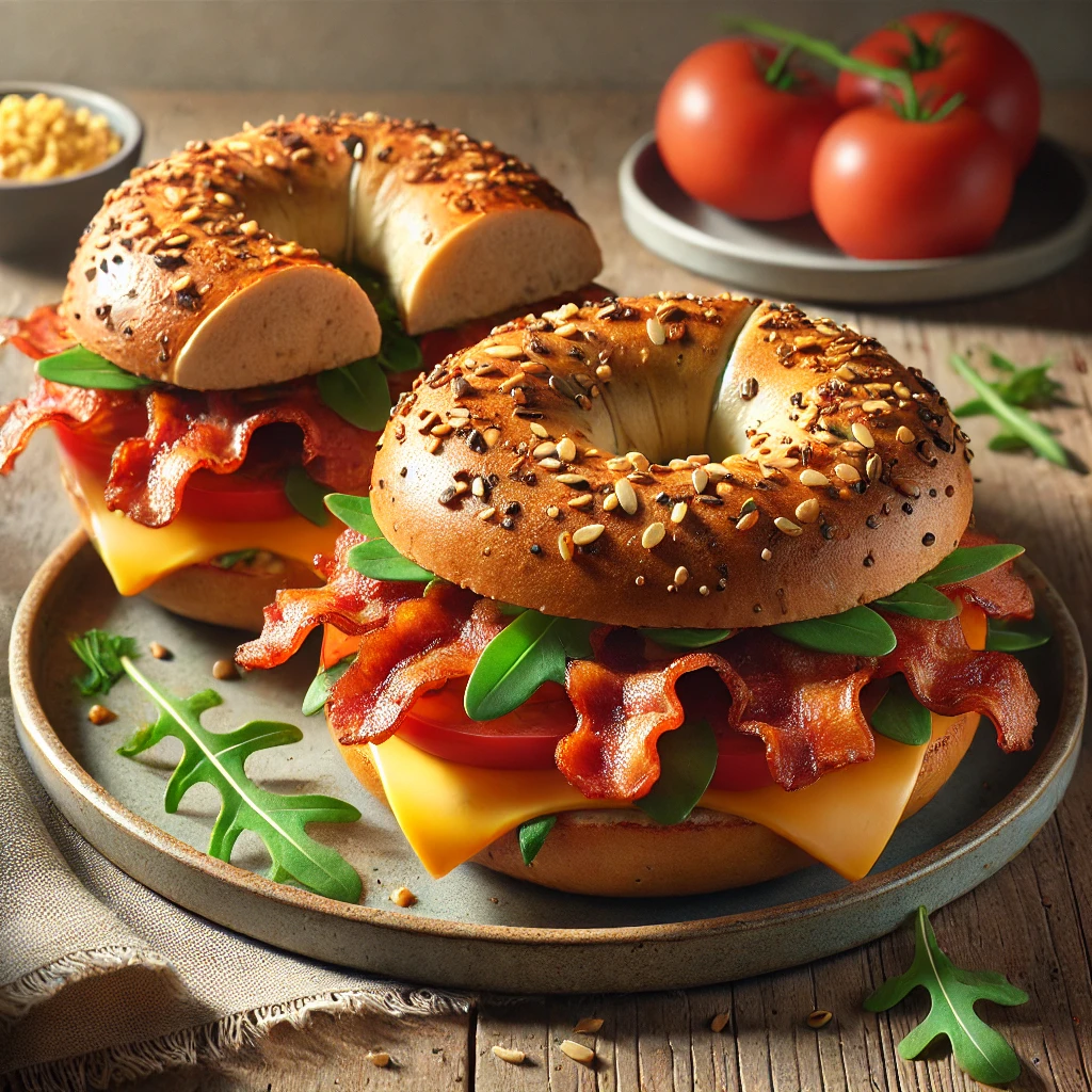 Ropogós bacon, olvadt sajt és friss zöldségek egy bagelben