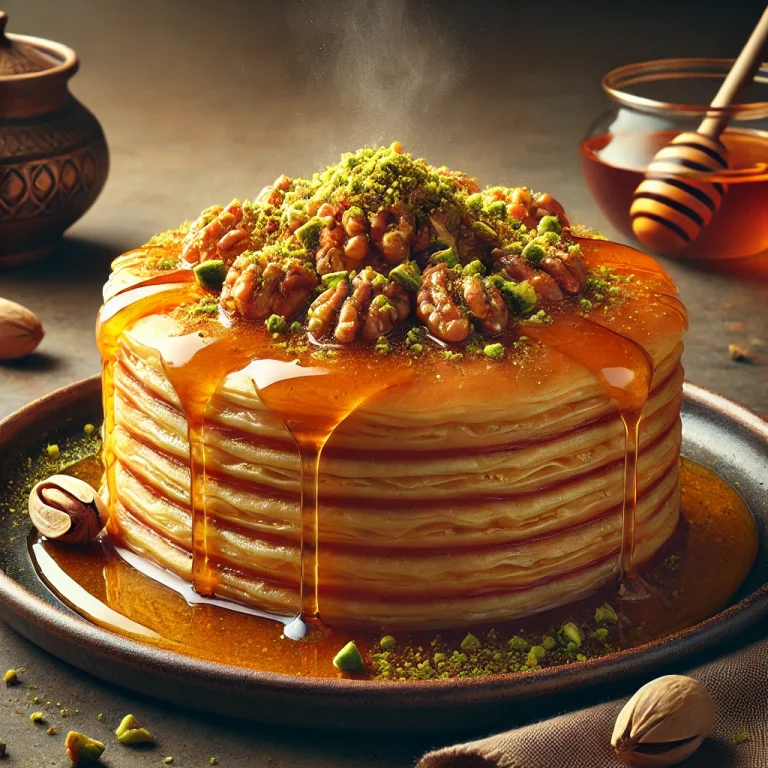 Baklava pancake mézes-diós és pisztáciás rétegekkel tálalva