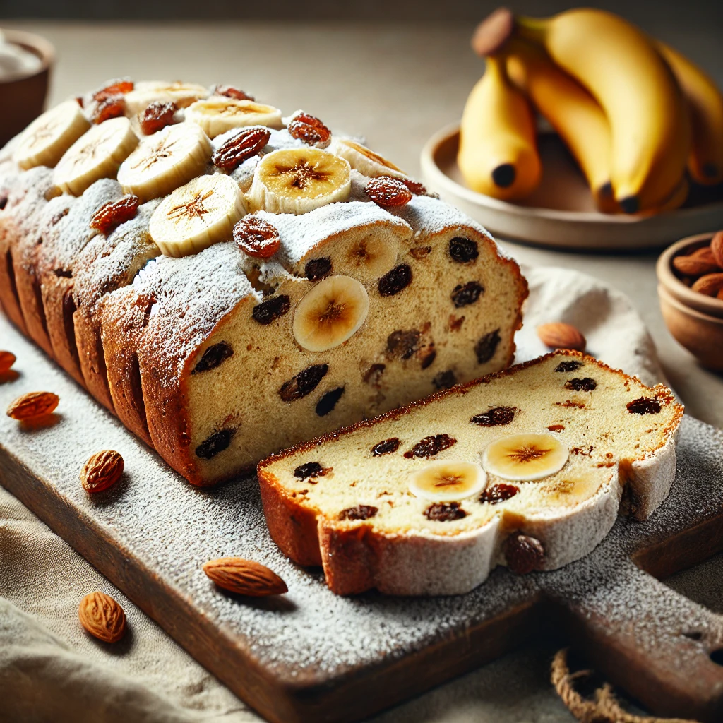 Házi készítésű banános-vaníliás stollen porcukorral a tetején