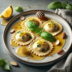 Krémes, bazsalikomos-citromos ravioli mézes öntettel