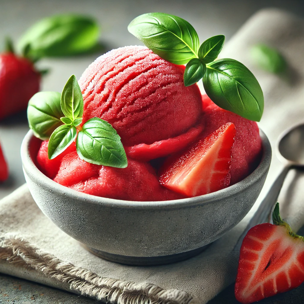 Friss, gyümölcsös és fűszeres házi készítésű bazsalikomos eper sorbet