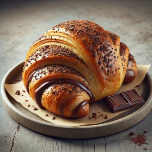 Intenzív kakaóval és étcsokoládéval töltött, aranybarna croissant