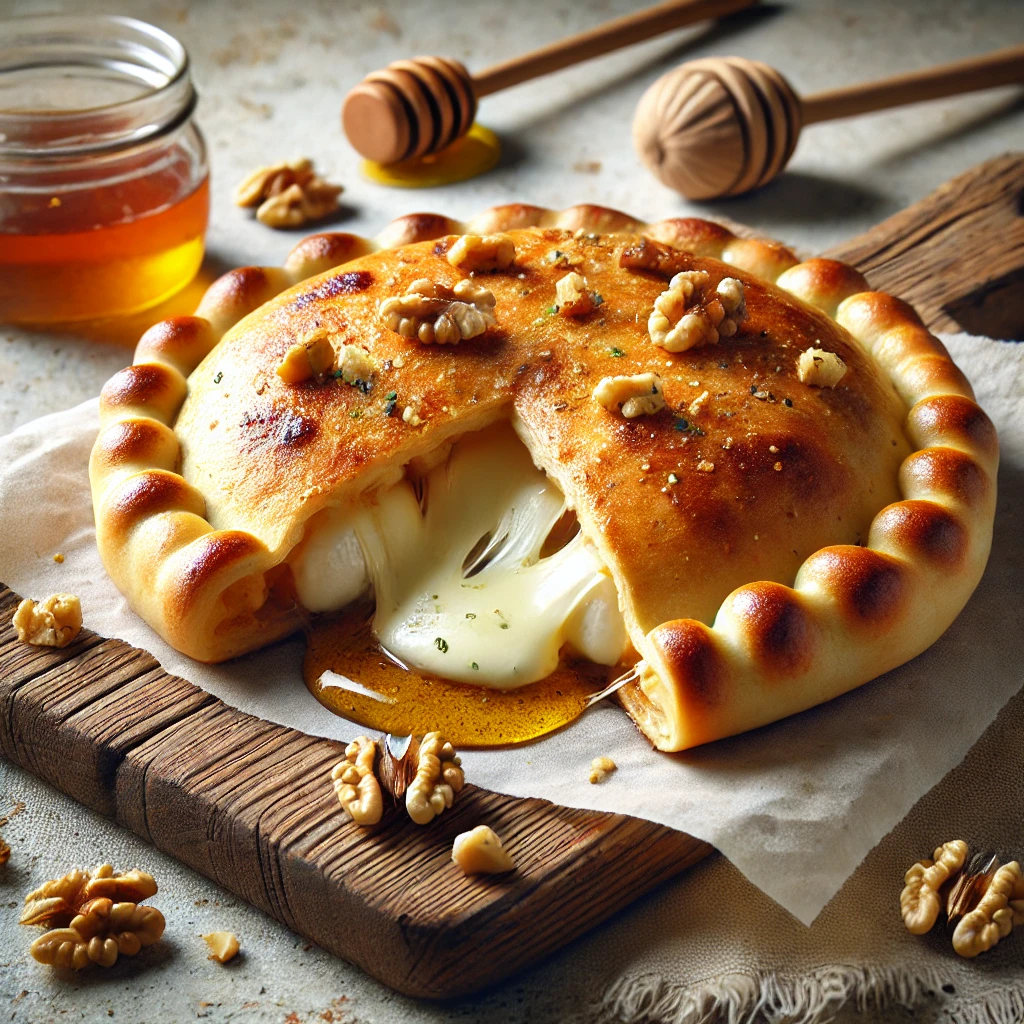 Ropogós calzone camembert sajttal, dióval és mézzel töltve