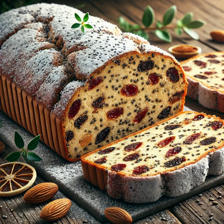 Chia magos Stollen szeletelve, porcukorral meghintve