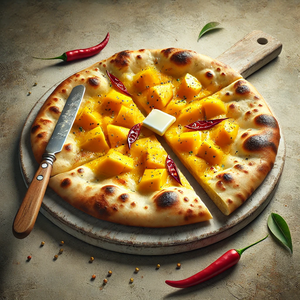 Puha naan chilis mangós töltelékkel, olvasztott vajjal megkenve