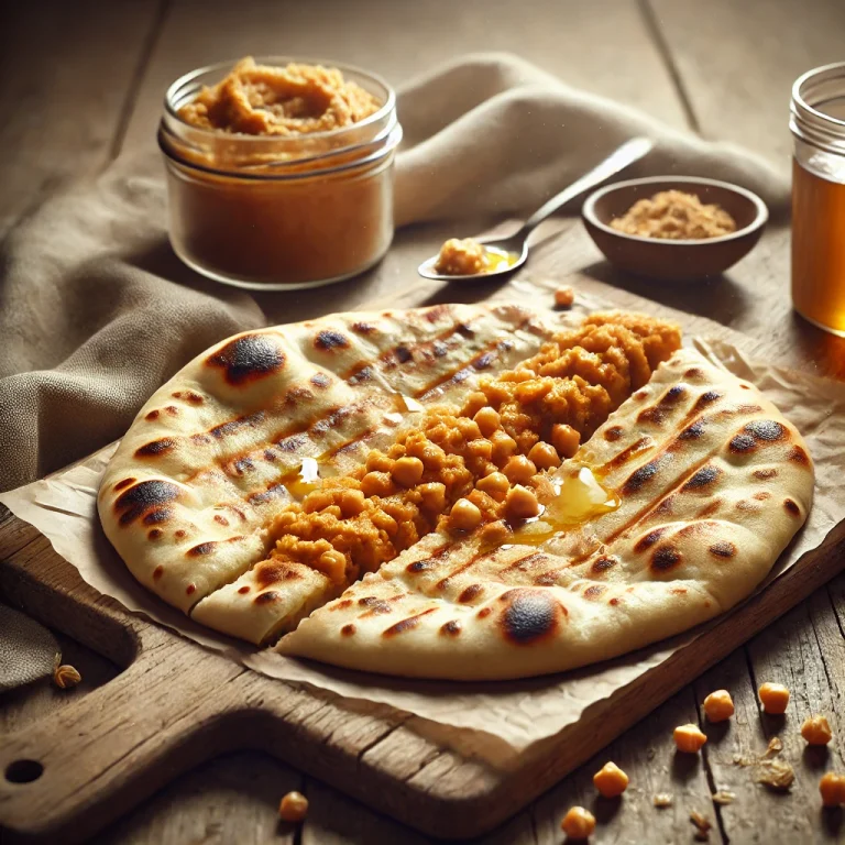 Csicseriborsós naan kenyér közelről tálalva