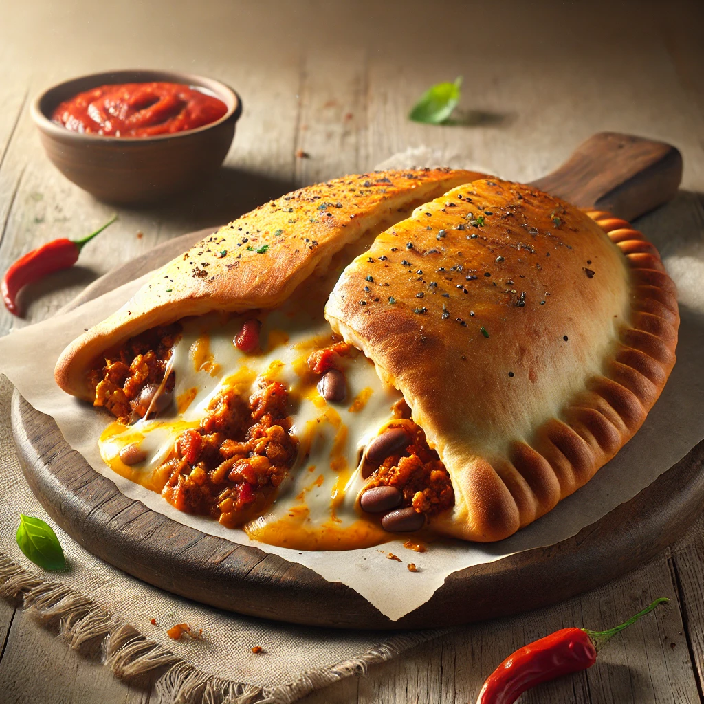 Pikáns, babos és sajtos töltelékkel készült ropogós calzone