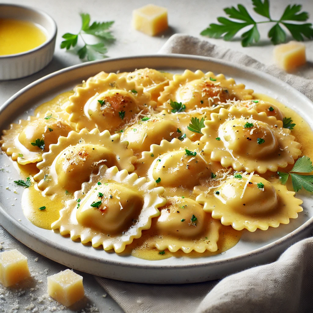 Házi készítésű csirkés-sajtos ravioli vajas szósszal