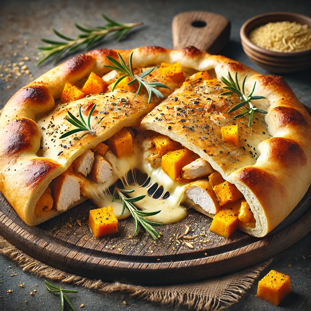 Szaftos csirkével és sütőtökkel töltött calzone