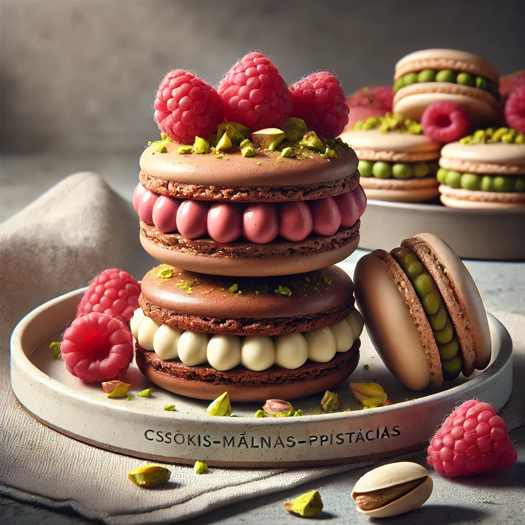 Csokoládés, málnás és pisztáciás ízvilággal készült macaron