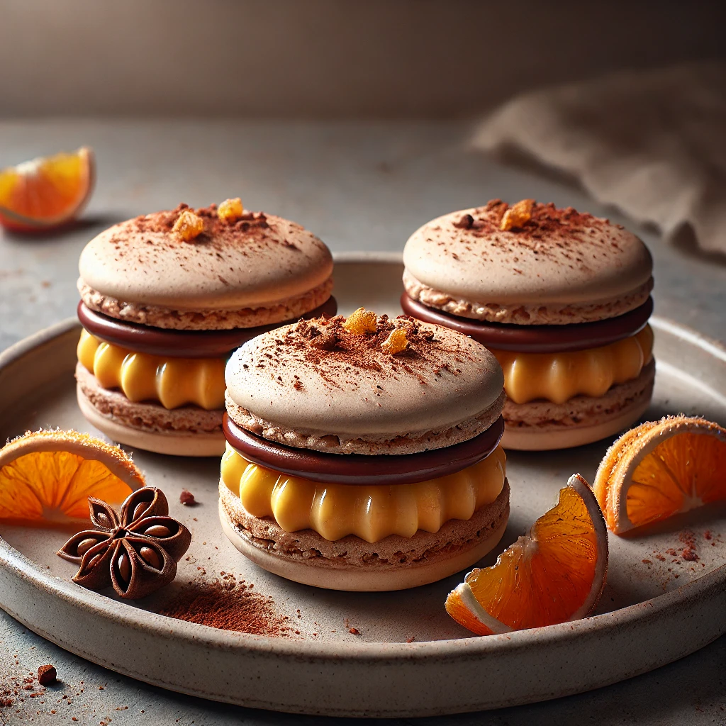 Csokoládés, marcipános és kandírozott narancsos ízvilággal készült macaron