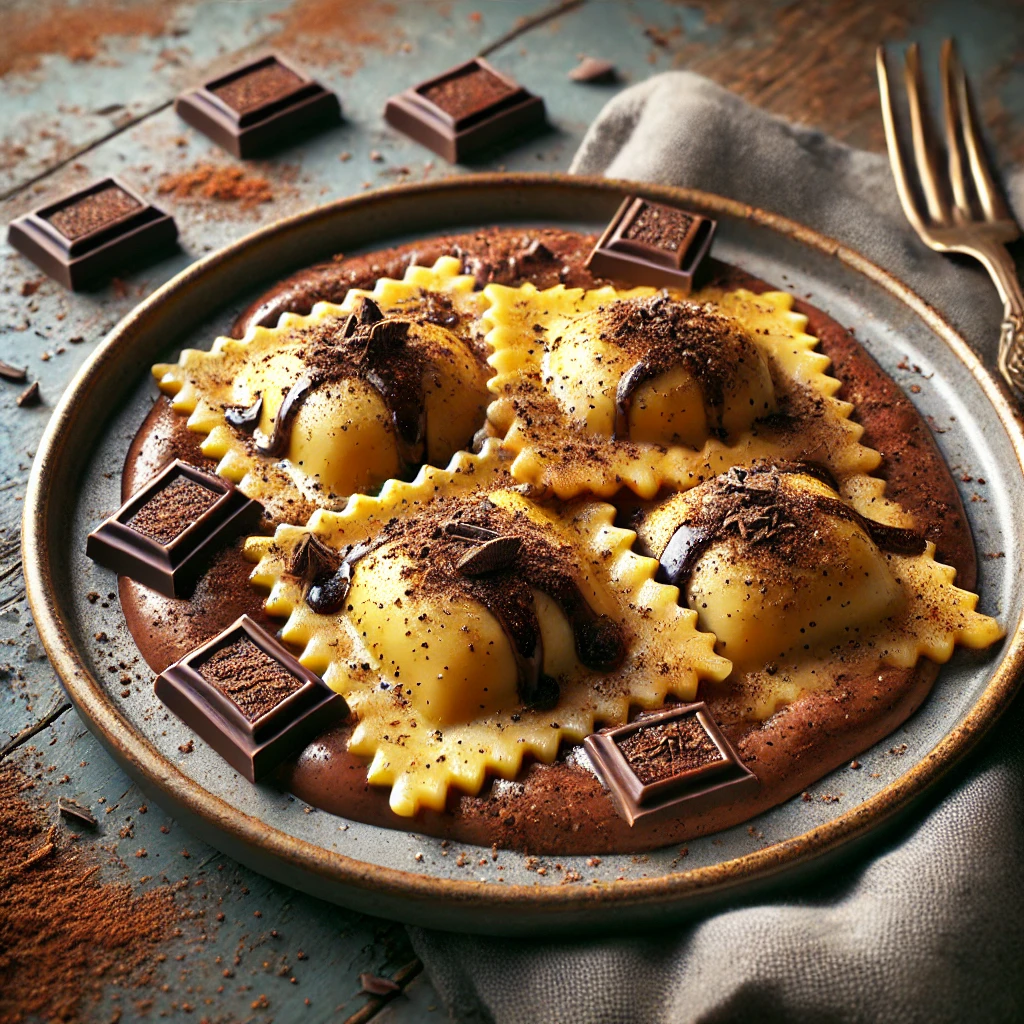 Krémes, csokoládé likőrös ravioli mascarponéval és étcsokoládéval töltve