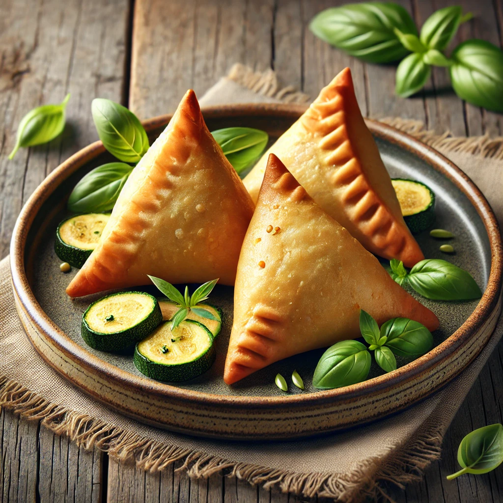 Ropogós leveles tésztában sült zöldséges samosa friss bazsalikommal