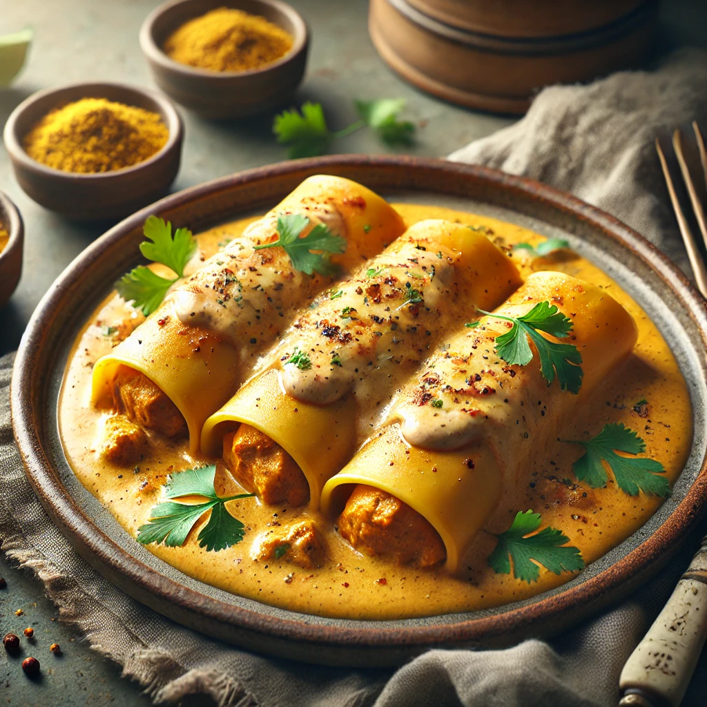 Töltött cannelloni fűszeres csirkével és sült sajtréteggel