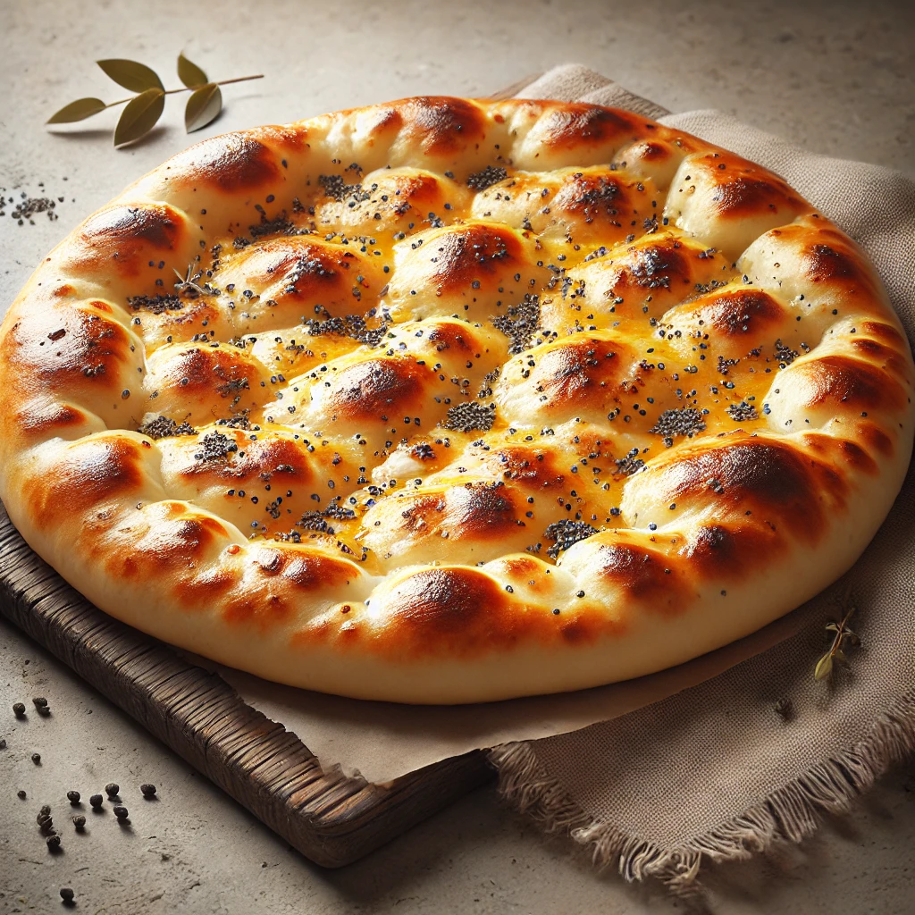 Puha naan tészta mákos töltelékkel, aranybarnára sütve, vajjal megkenve