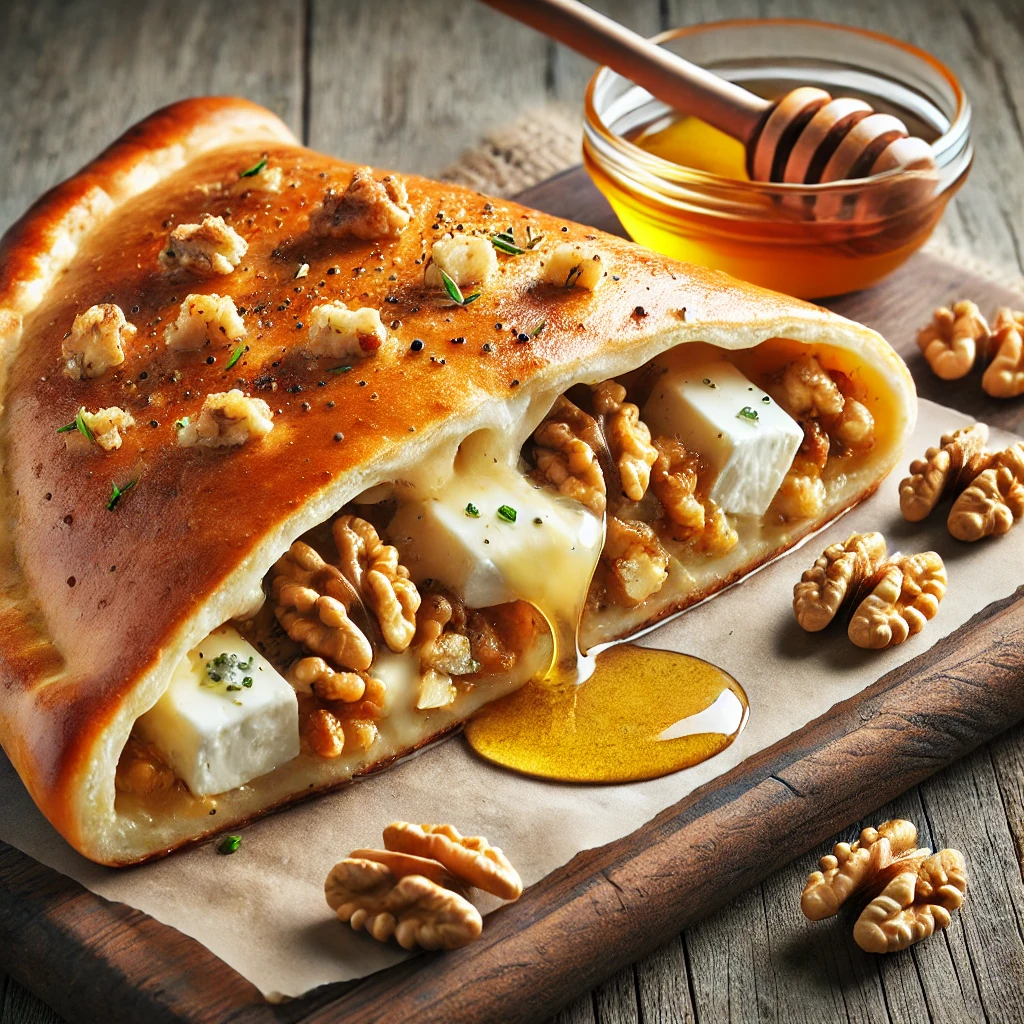 Ropogós calzone gorgonzolával, pirított dióval és mézzel töltve