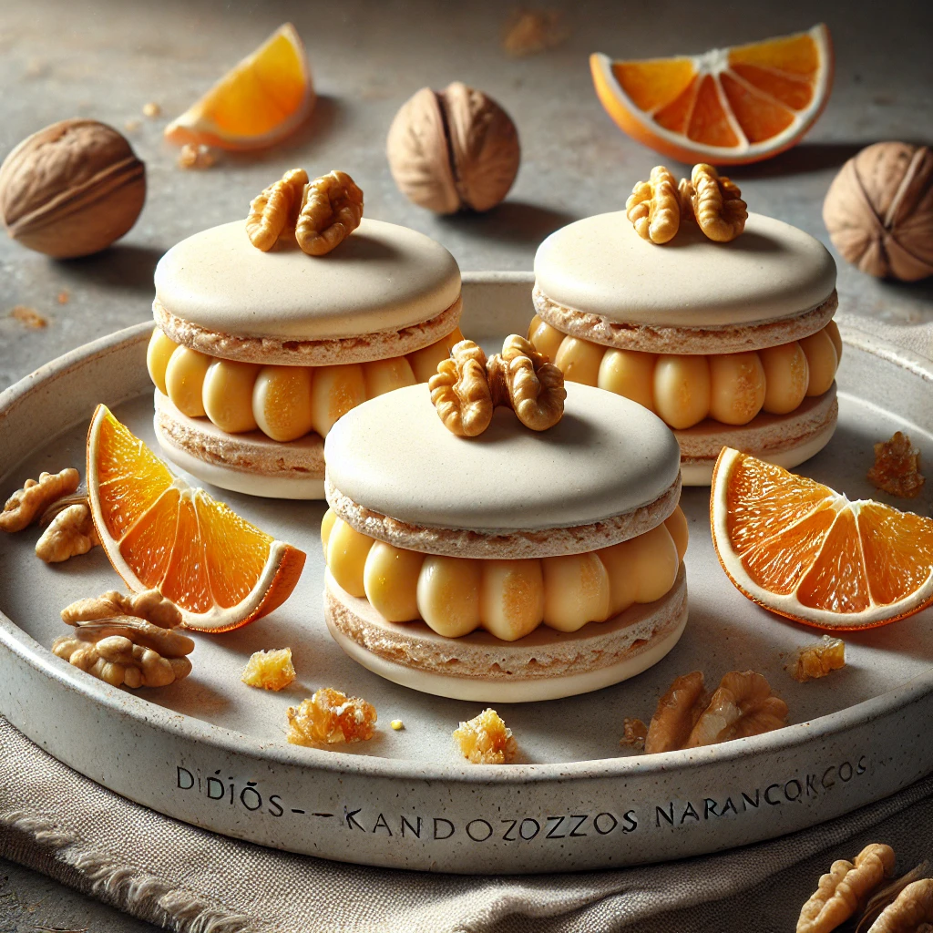 Dióval és kandírozott narancshéjjal készült macaron