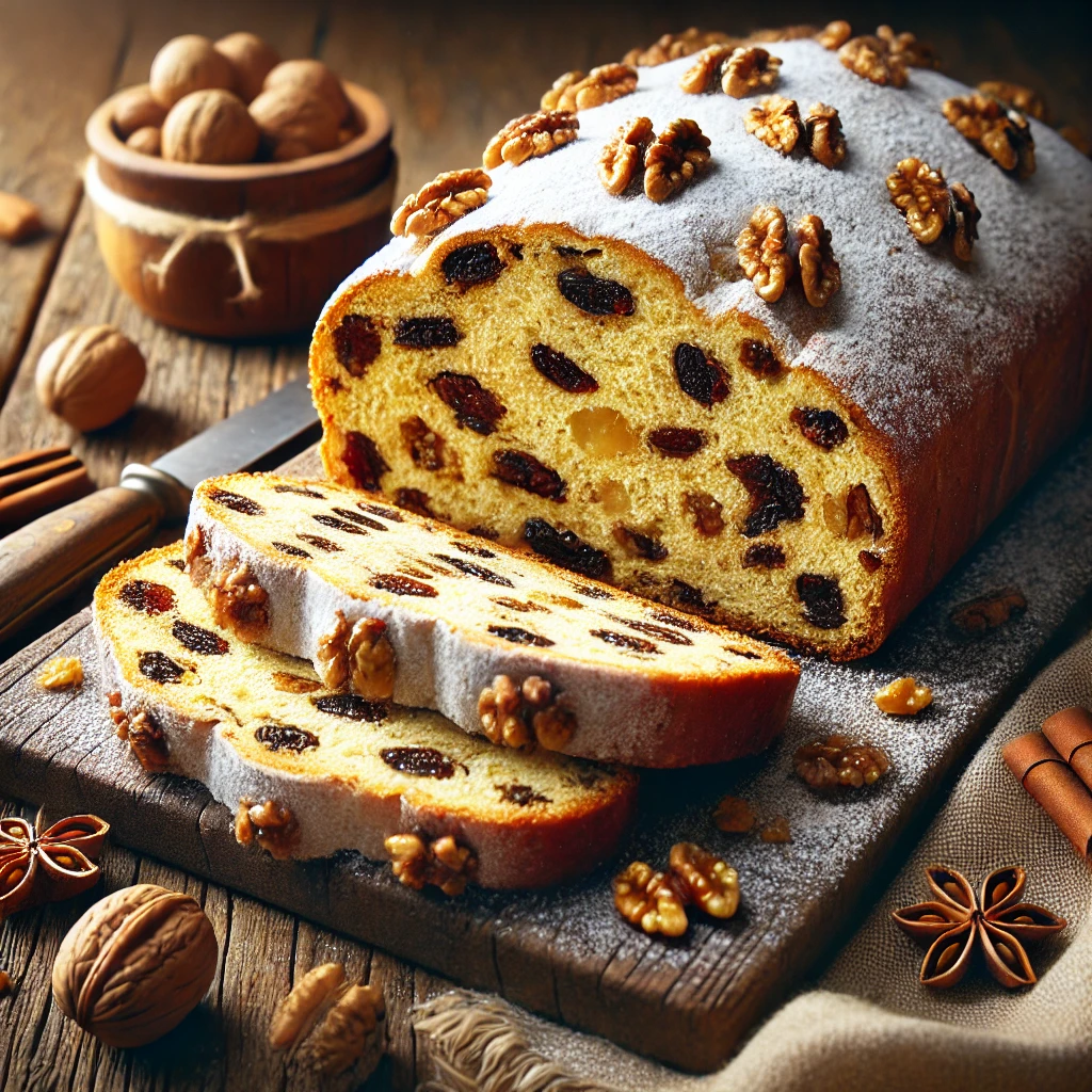 Házi készítésű stollen mazsolával és ropogós dióval, ünnepi tálalásban